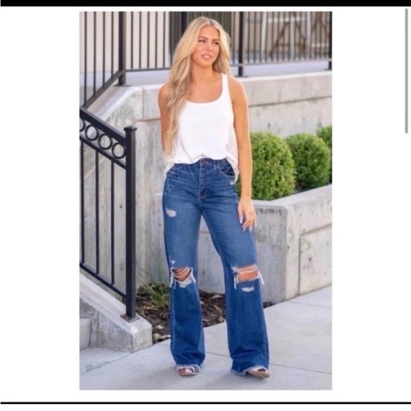 KANCAN 90’s Ripped Flare Wide Leg High Rise Jeans - Picture 4 of 12